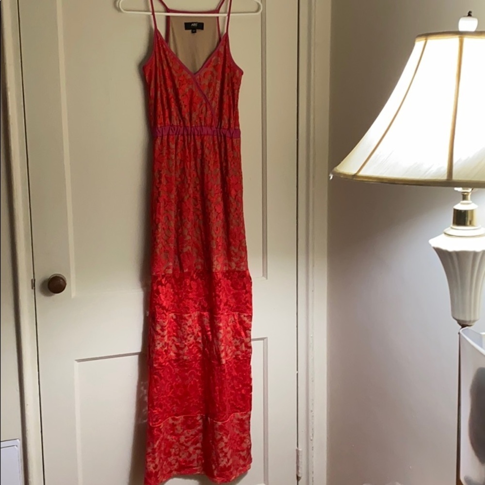 ABS Allen Shwartz red lace maxi dress with slit